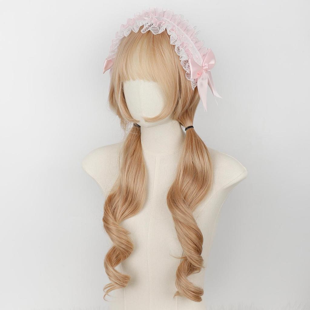 Synthetic Cute Lolita Wig Bunches Golden Brown Blonde Hair Wigs with Bangs Female Natural Wavy Long Hair Anime Cosplay