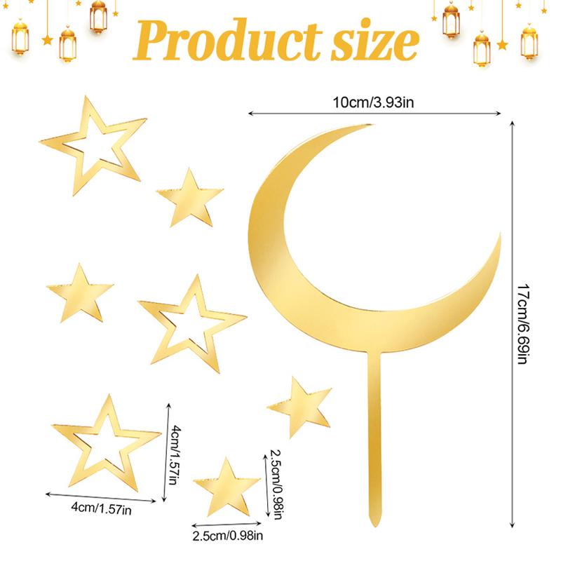 

8pcs Ramadan Moon Star Cake Topper Set Kids Birthday Party Baby Shower Decoration Wedding Golden Acrylic Cake Dessert DIY Decor золотой
