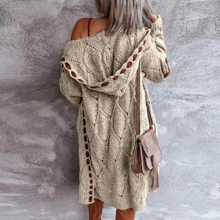 Vintage Hooded Cardigan Sweater Coat for Women Elegant Long Sleeve Overcoat Casual Autumn Winter Sweaters