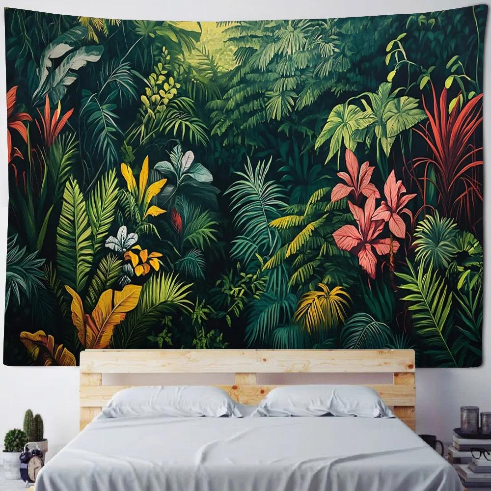 Tropical green plant leaf wall tapestry - made of polyester material, perfect for decorating living room and bedroom walls