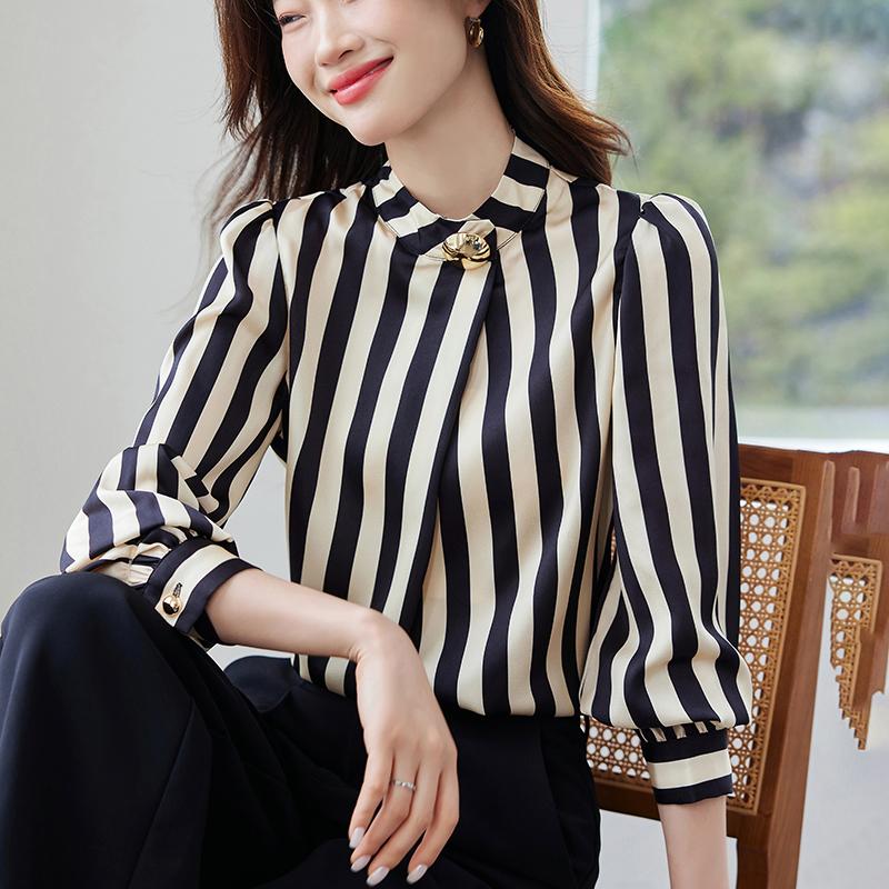 Women Blouses Shirts 2025 Spring Long Sleeve Women Blouse Shirt Stand Collar Striped Blouse Shirt Women Tops J907