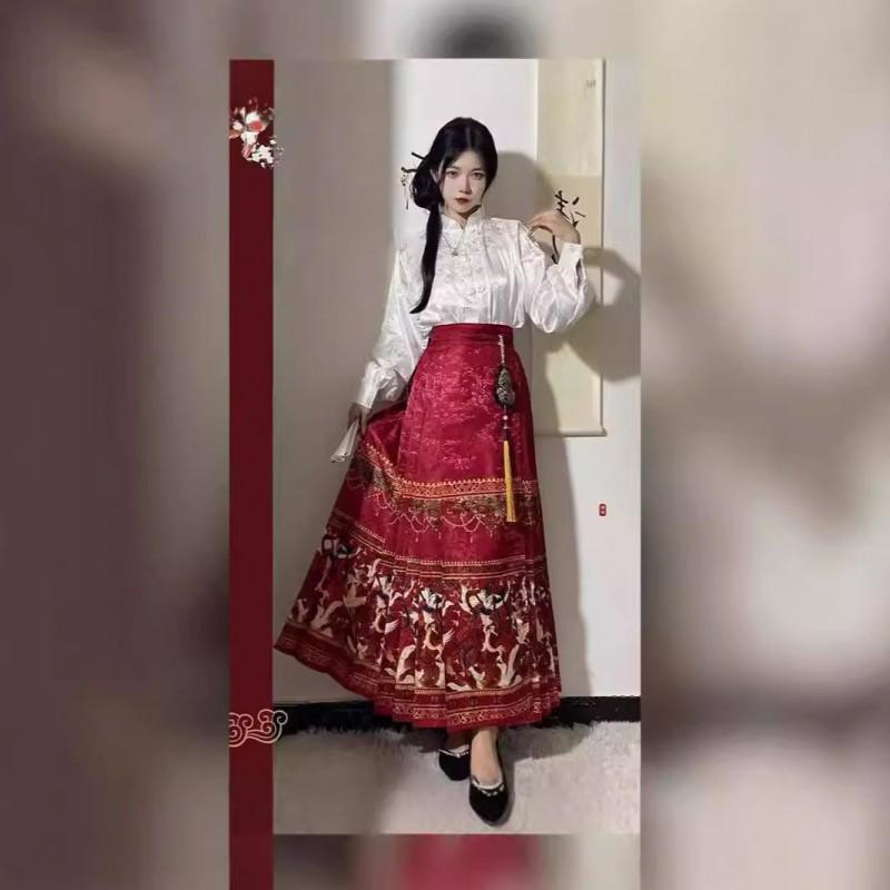 Ming Dynasty Inspired Hanfu Style Stand Collar Blouse With Jacquard Wrap Skirt Women Winter Daily Wear