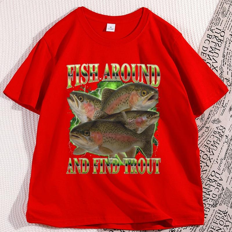 Ищи вокруг и находи форель Забавная футболка Винтажная графическая футболка Повседневная хлопковая с коротким рукавом Рыбак Странные футболки Мужская одежда S