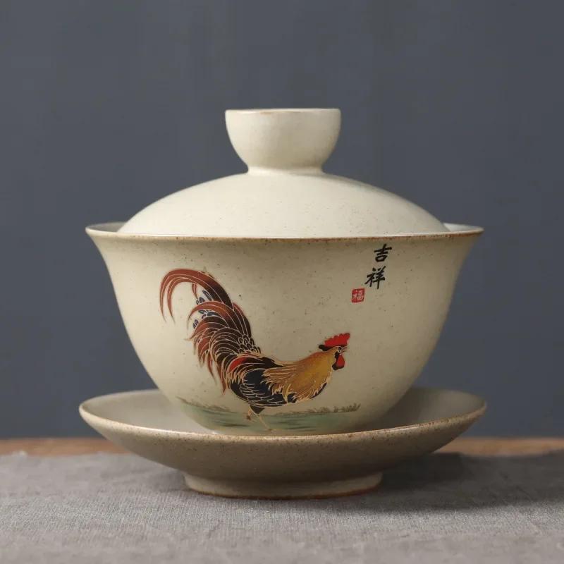

150ml traditional Chinese ceramic tea cup handmade tea bowl travel portable hand-painted rooster lid bowl 9.5X8.4CM 150ML