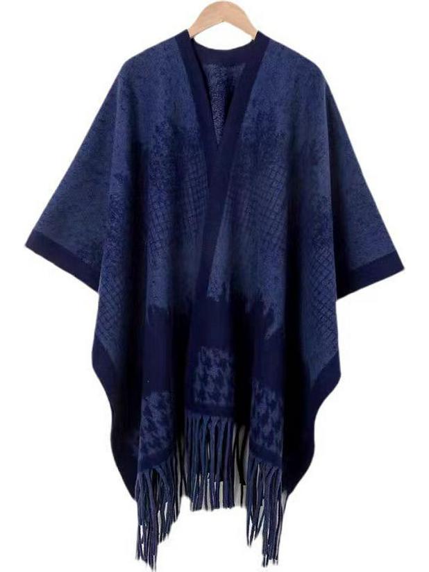 Elegant Ethnic Ink Painting Cape Shawl with Tassels - Versatile Travel Scarf Cloak