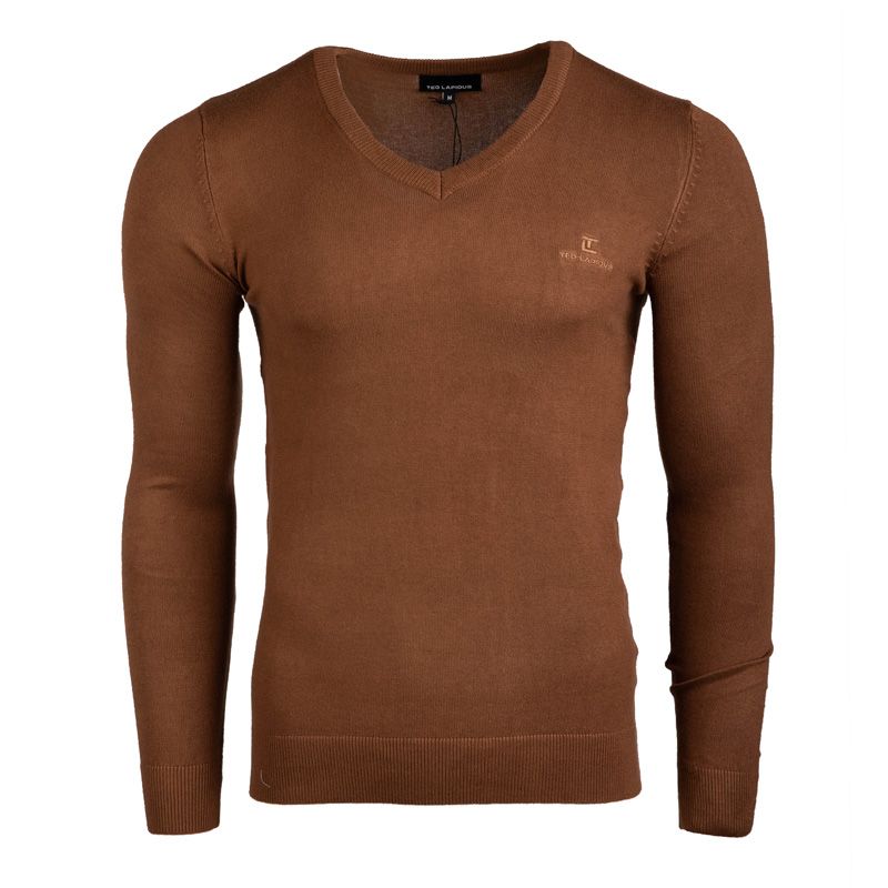Brown Embroidered V-Neck Logo Pull
