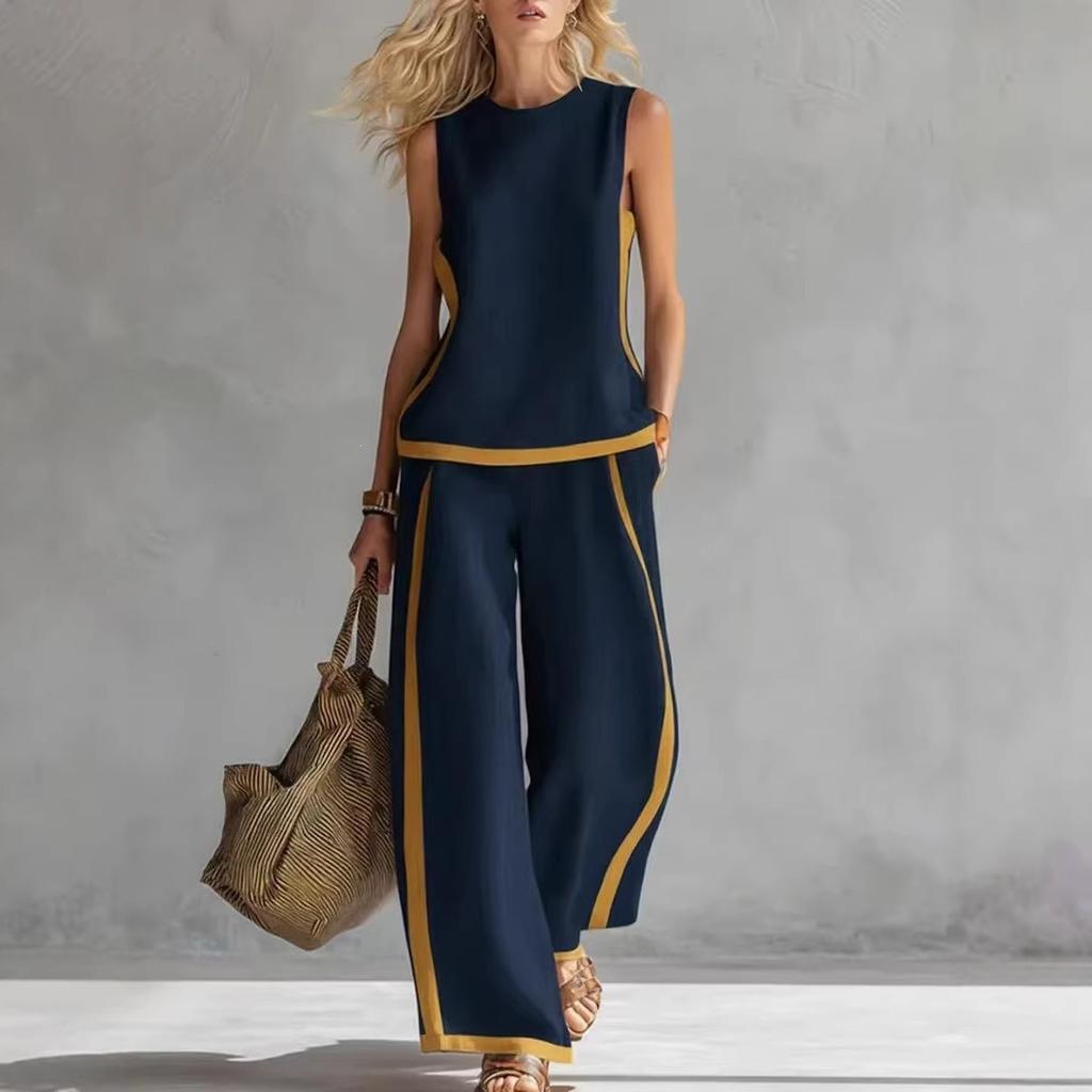 New Women's Sleeveless Color Block Wide Leg Pants 2-Piece Set, Summer Casual Fashion Outfit For European American