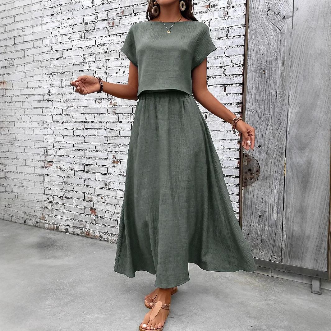 

Женский комплект из зеленого топа с коротким рукавом и длинной юбки с коричневыми сандалиями, различные цветовые варианты S зелёный