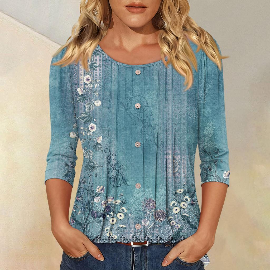 Women's Fashionable Casual Three,quarter Sleeve Button,down Retro Floral Round Neck Top