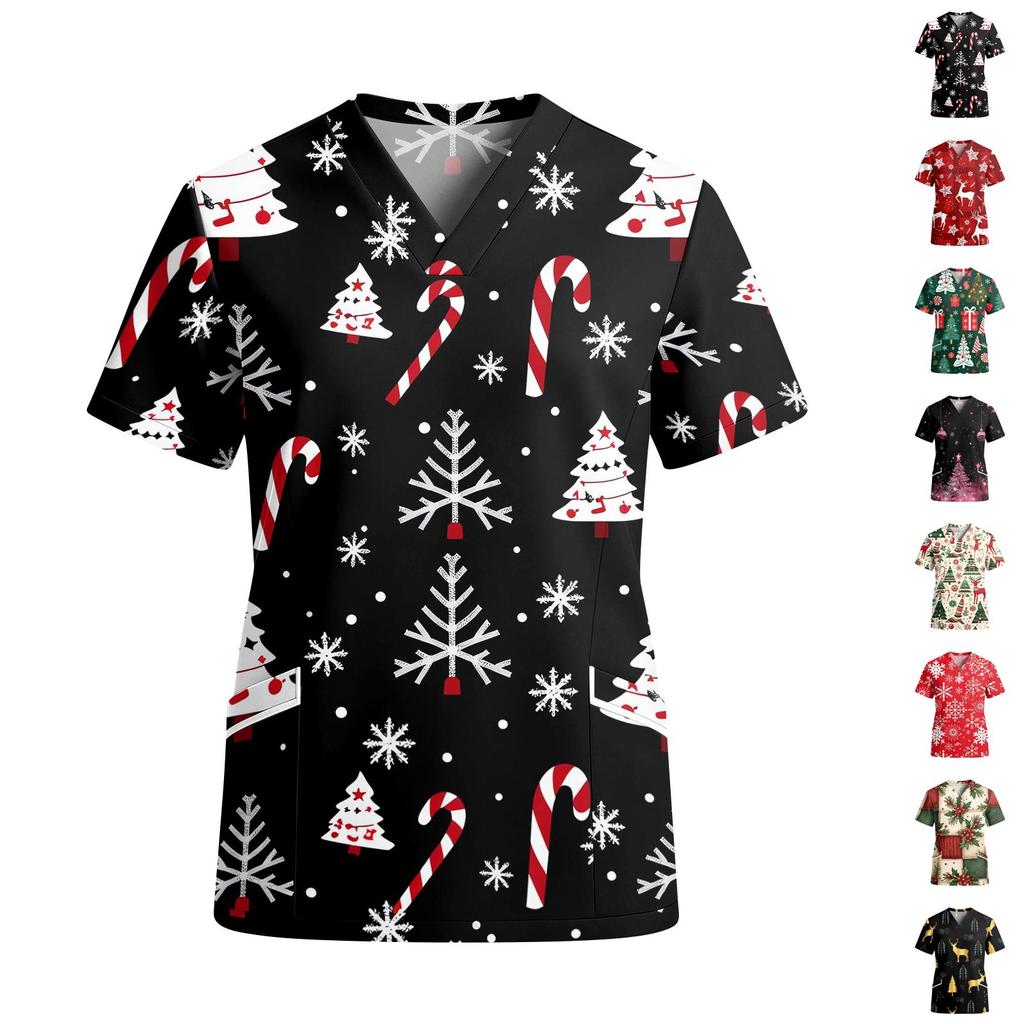 Women's Christmas Print Scrub Top V-Neck Short Sleeve Loose Fit with Pockets