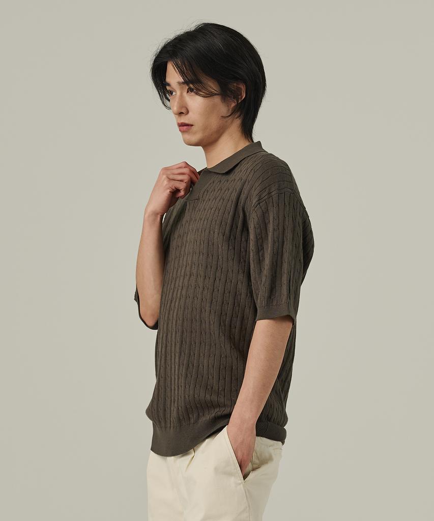 ANALOG MOOD Cable Open Collar Short Sleeve Knit (Khaki)