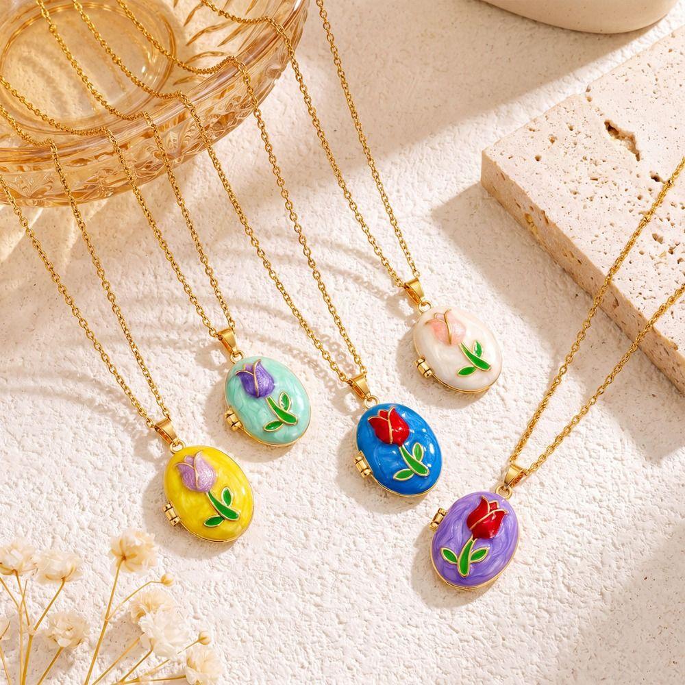 Opening and Closing Lid Photo Locket Pendant Necklace Titanium Steel Glazed Flower Choker Girl