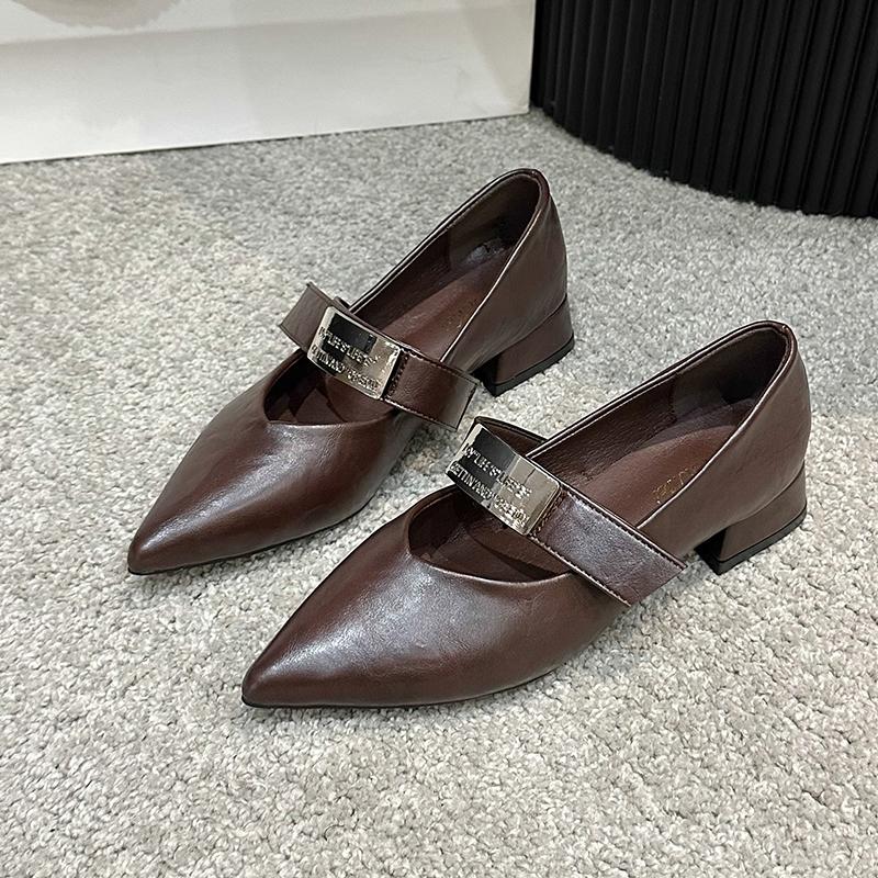 Fashion Women's Low Heel Shoes Spring New Pointed Head Shallow Mouth Metal Buckle Soft Sole Non-slip Low Top Shoes
