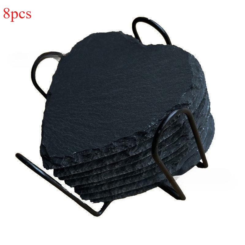 Pack of 8 Slate Coasters with Metal Holder,4 Inch Black Slate Stone Coasters,engraving with Anti-scratch for Drinks,coffee, Bar