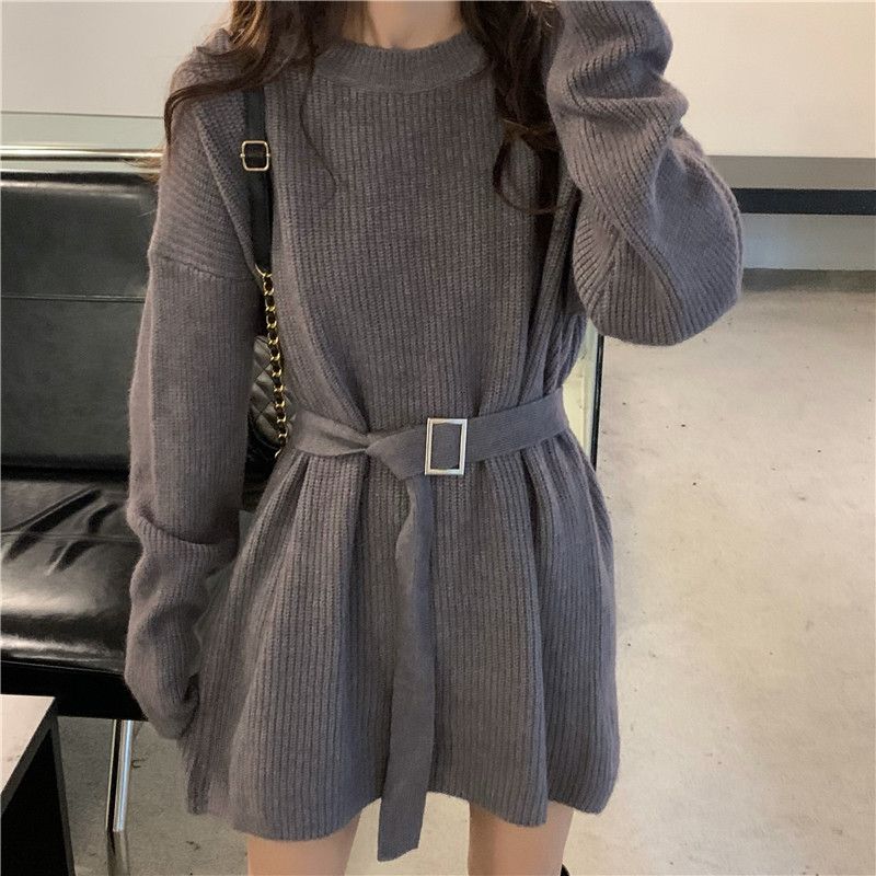 Women's Knit Dress Autumn Winter Simple Midi Sweater Dress Slim Fit Pullover Sweater Dress with Belt