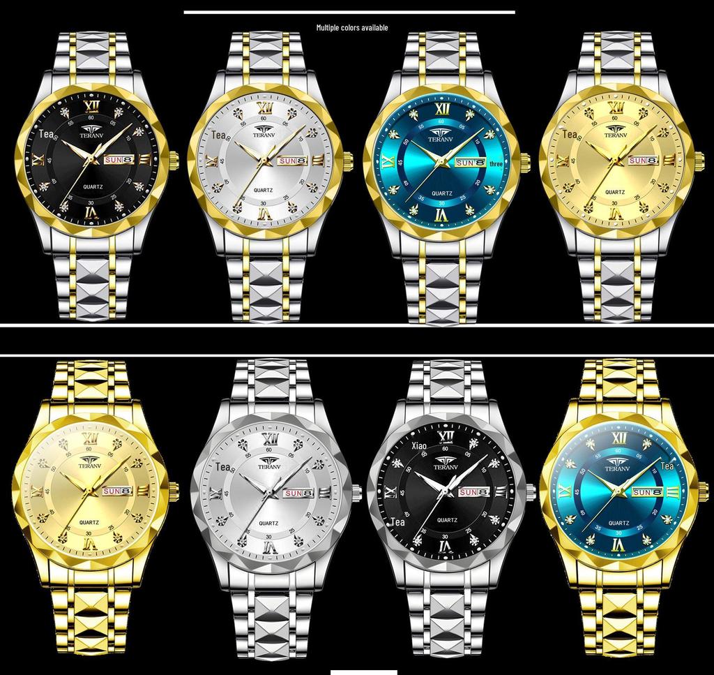 Men's Luminous Waterproof Quartz Watch with English-Chinese Calendar and Rhombus Case