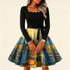 Women's Vintage Square Neck Long Sleeve Halloween Print Evening Dress