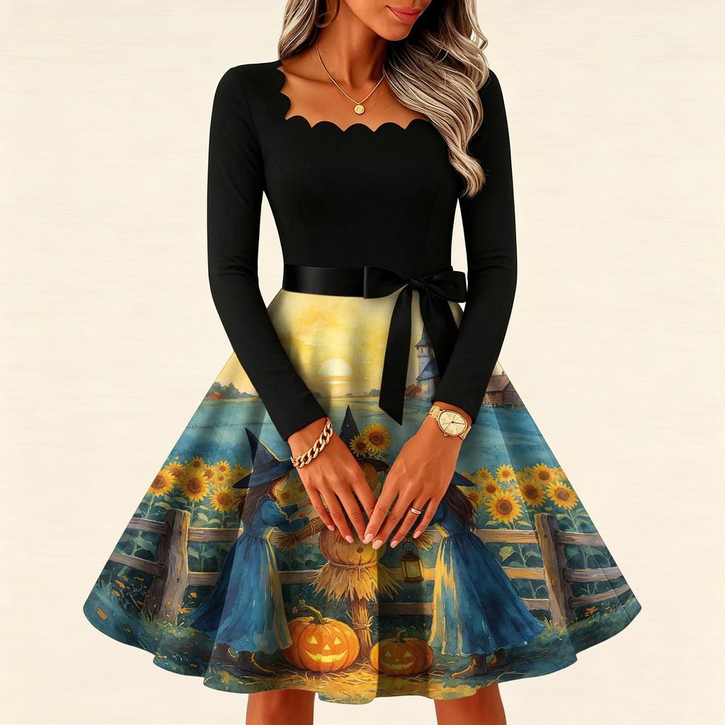 Women's Vintage Square Neck Long Sleeve Halloween Print Evening Dress