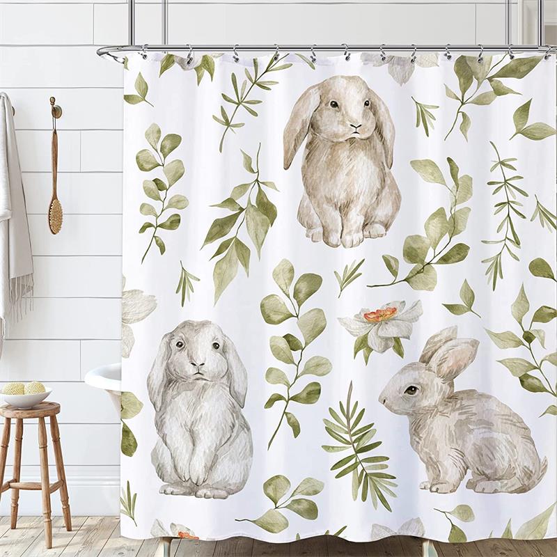 Spring Easter Bunny Shower Curtains Leaves Wildflower Watercolor Floral Rabbit Rustic Farmhouse Bathtub Bathroom Curtain Decor