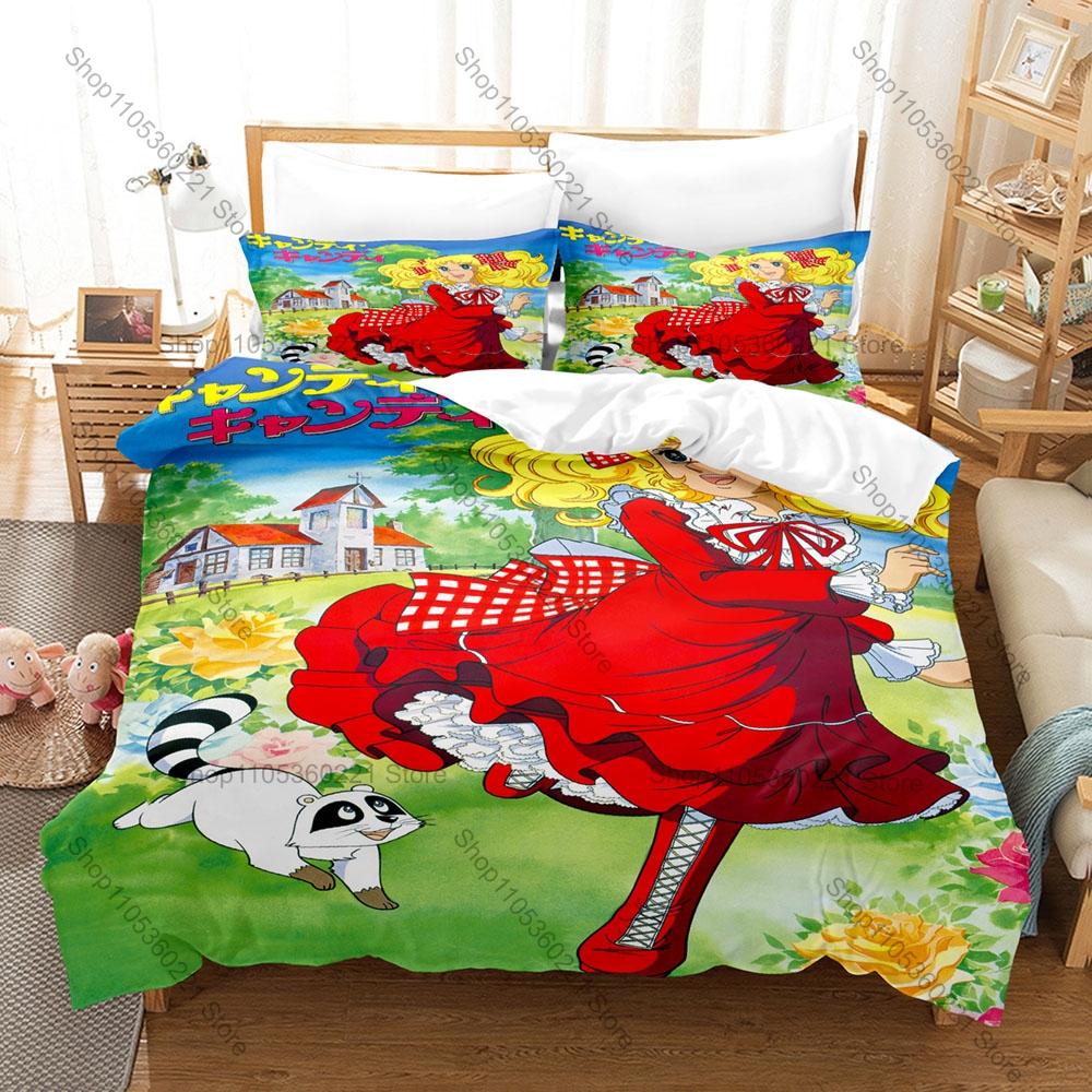 Sweet Candy Manga Printed Bedding Set 3 Pieces Duvet Cover Set Kawaii Bedroom Decor for Anime Fans Pillowcase for Kids Girls