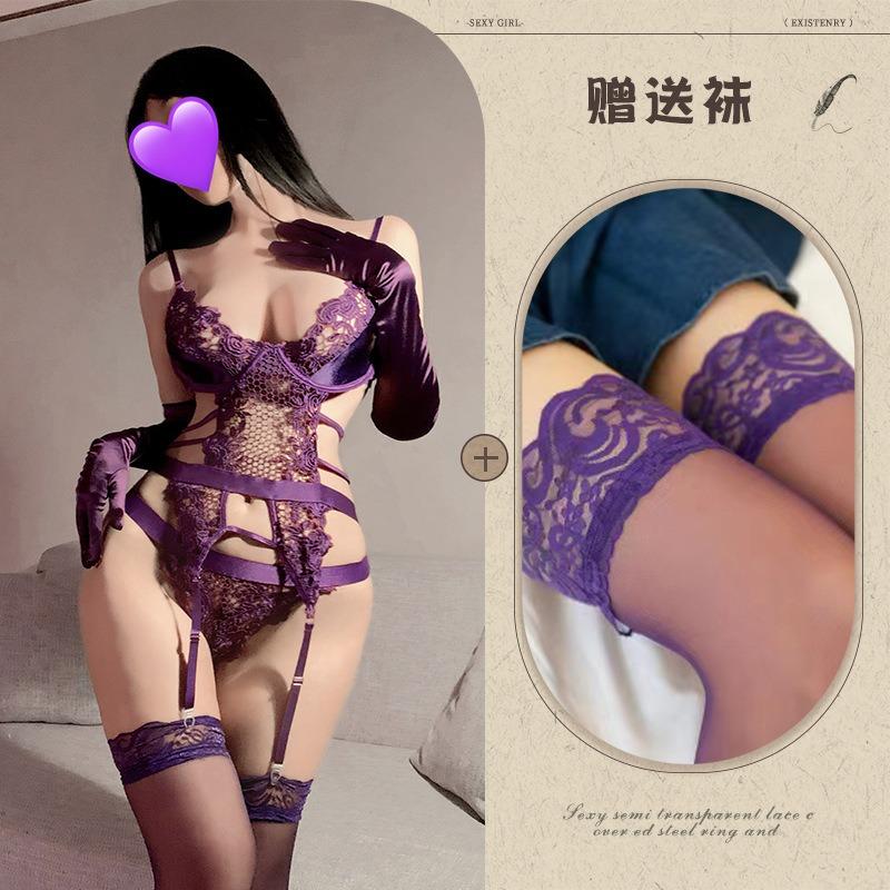 Premium purple suspender sex underwear steel ring gathering free perspective uniform