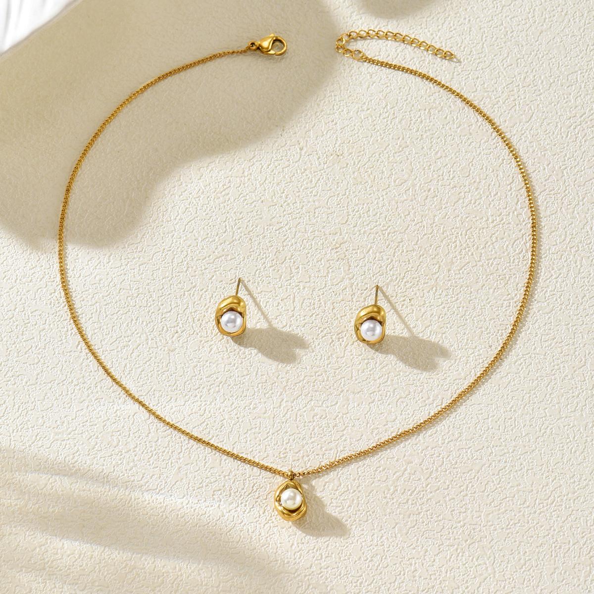 

Korean Gold Color Imitation Pearl Jewelry Set Irregular Pendant Necklace & Earrings For Women Everyday & Office Wear
