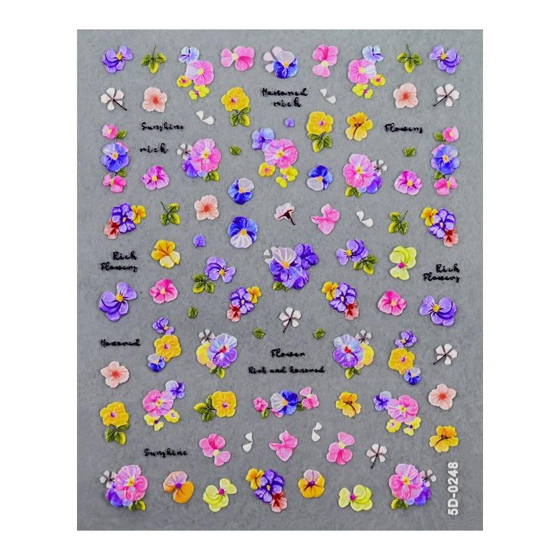 Small Fresh Flower Relief Nail Art Sticker Sweet Daisy Strawberry Flower Three-Dimensional Nail Decorative Sticker