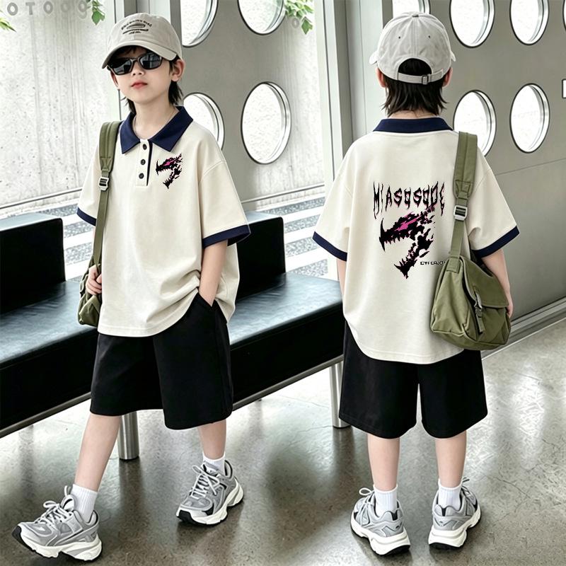 Boys' Trendy Patchwork Polo Cotton T-Shirt Set - Summer Short-Sleeve Collared Top for Kids