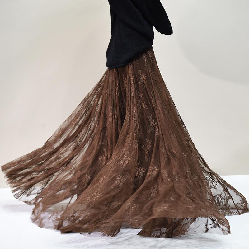 Women's Chiffon Maxi Skirts Lace Elastic High Waist Pleated A-Line Flowy Swing Maxi Skirts for Party Dance Soft Double Layer Maxi Skirts for Women