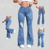 Y2K Blue Stretchy Heart Shaped Flared Jeans High Waist Retro Fashion Trendy Elastic Trousers for Women
