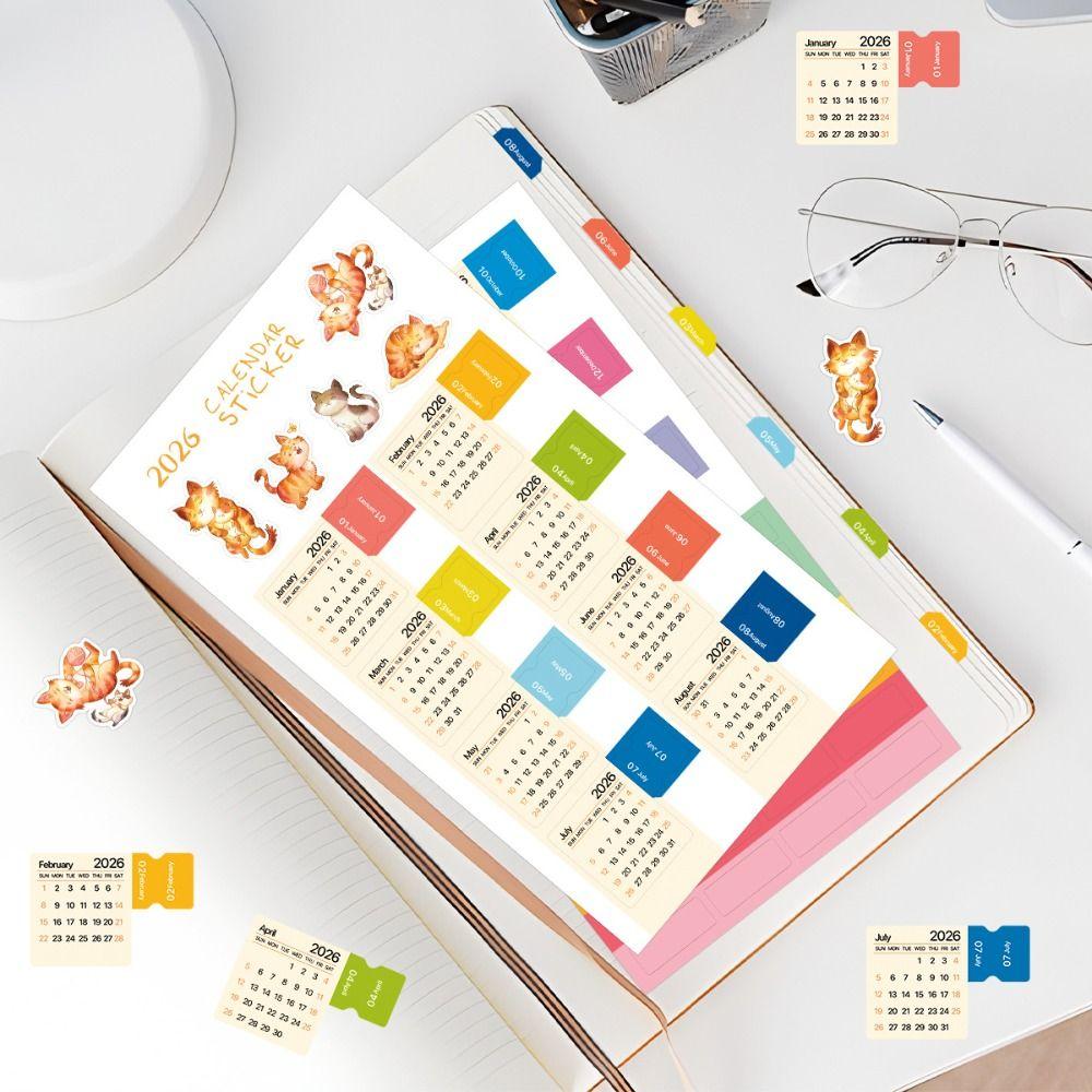 Diy Scrapbook 2026 Calendar Stickers 2 Sheets Cartoon Monthly Planner Stickers Self-adhesive Simple Calendar Tags