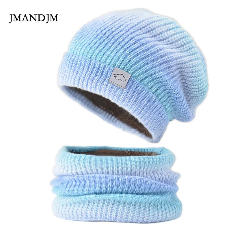 Hat Autumn and Winter Korean Version Gradual Change Color Wool Hat Thickened Warm Ear Protection Cold Knitted Hat Two-piece Set