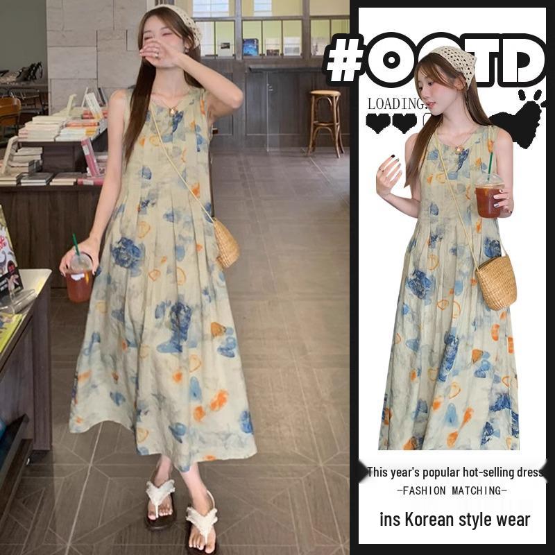 

2025 Spring/Summer Ink Wash Vest Dress: Retro Literary National Style M [Premium Edition]