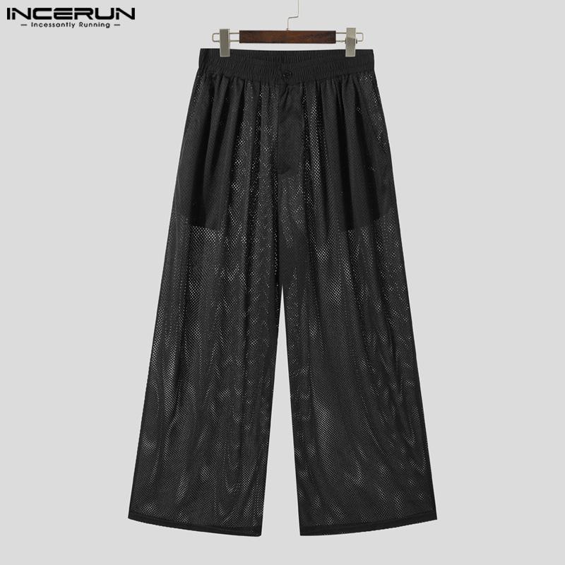 INCERUN Men Elastic Waist Hollow Out Fishnet Beach Holiday Long Pants Trousers