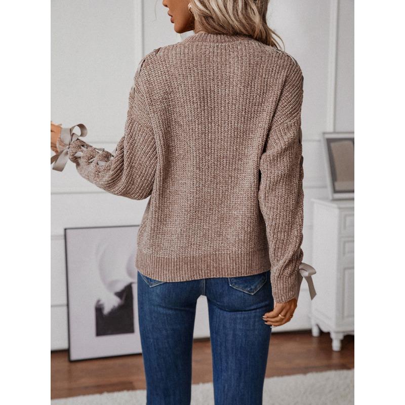 Women's Lace-up Sweater for Autumn and Winter Solid Color Loose Bow Pullover Sweater