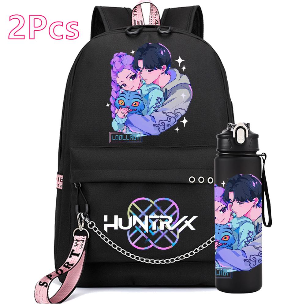 2Pcs/set Anime Cute Kpop Printed Backpack with 750Ml Water Bottler for Teenager Girl Boy Bookbag Kid Gift Large Capacity Waterproof Travel Bag