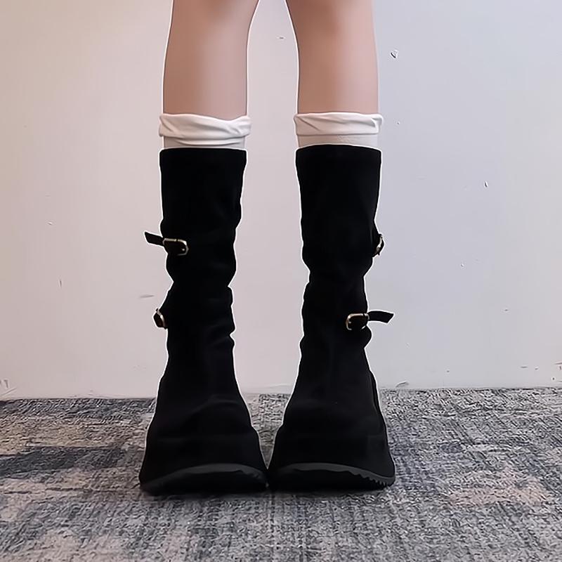 Fashion Autumn Winter Vintage Thick Sole Women Mid Calf Boots Fashion Round Toe Stripper Party Shoes Stretch Slim Botas Para Mujer