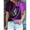 Women's Black Cat Pattern Round Neck Short-sleeved T-shirt, Casual Short-sleeved Top