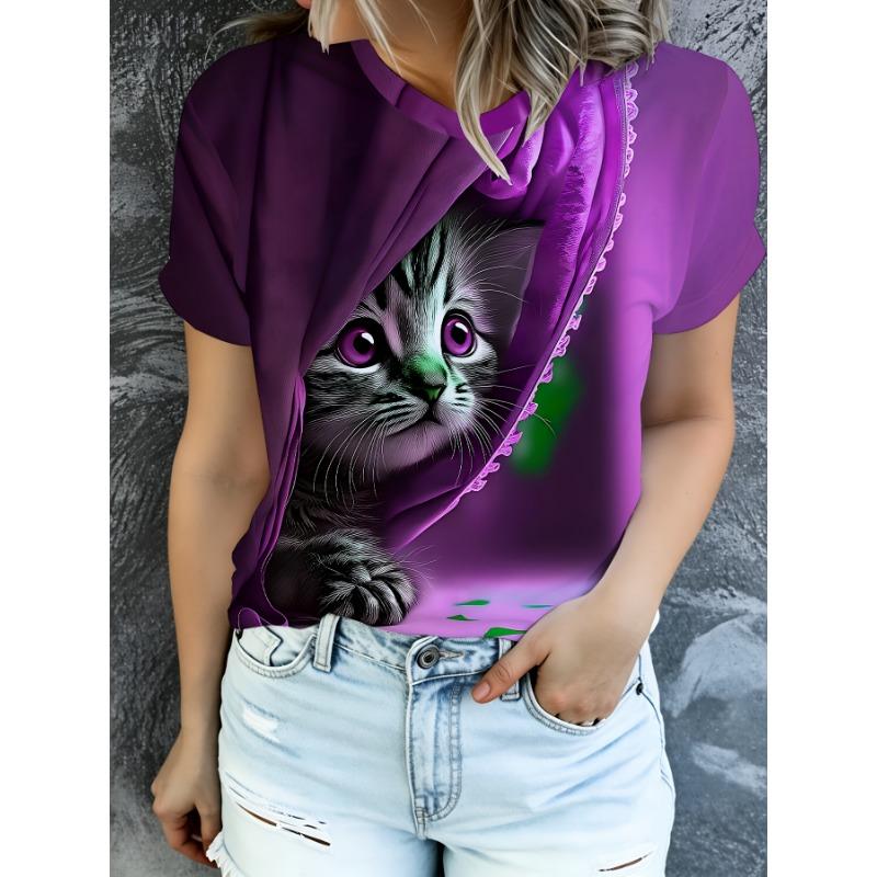 Women's Black Cat Pattern Round Neck Short-sleeved T-shirt, Casual Short-sleeved Top