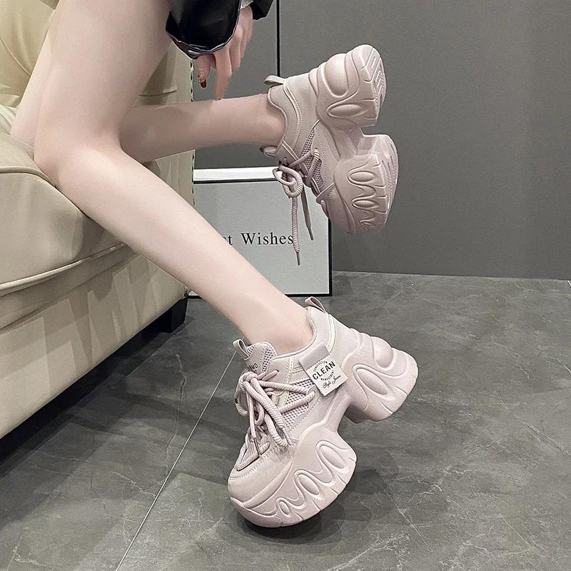 Fashion New Fashion Chunky Sneakers Women Spring Autumn Lace Up Platform Sports Shoes Woman 8CM Thick Bottom High Heels Female Sneakers