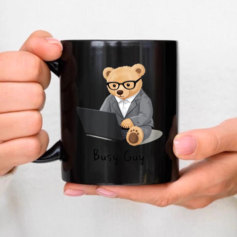 Ceramic mugs, black bear in a suit holding a laptop and busy men s text, office work coffee mugs for desktop use чёрный