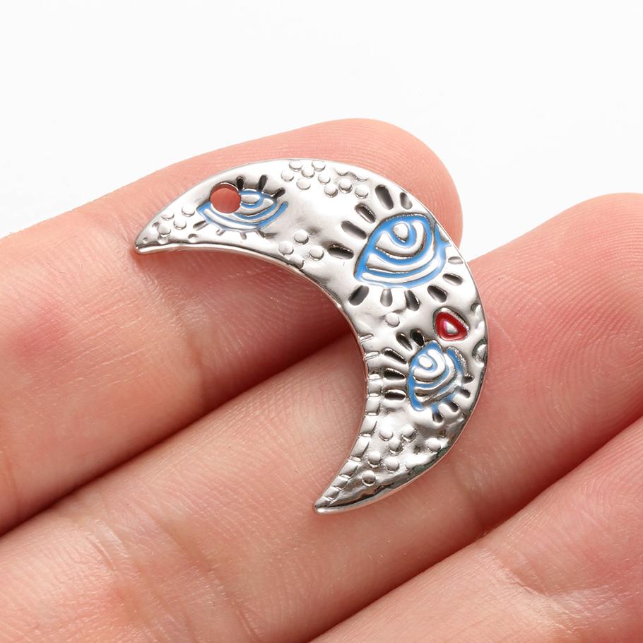 6pcs Evil Blue Eye Charm Dark Blue Heart Moon Eyes Pendant Rhinestone Stainless Steel Charm For Jewelry Making Necklace Keychain