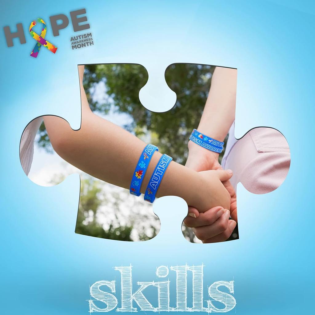 MTLEE 96 Pack Autism Bracelet Colorful Puzzle Pieces Ribbons Motivational Rubber Wristbands Autism Awareness Silicone Bracelets for Men Women Party