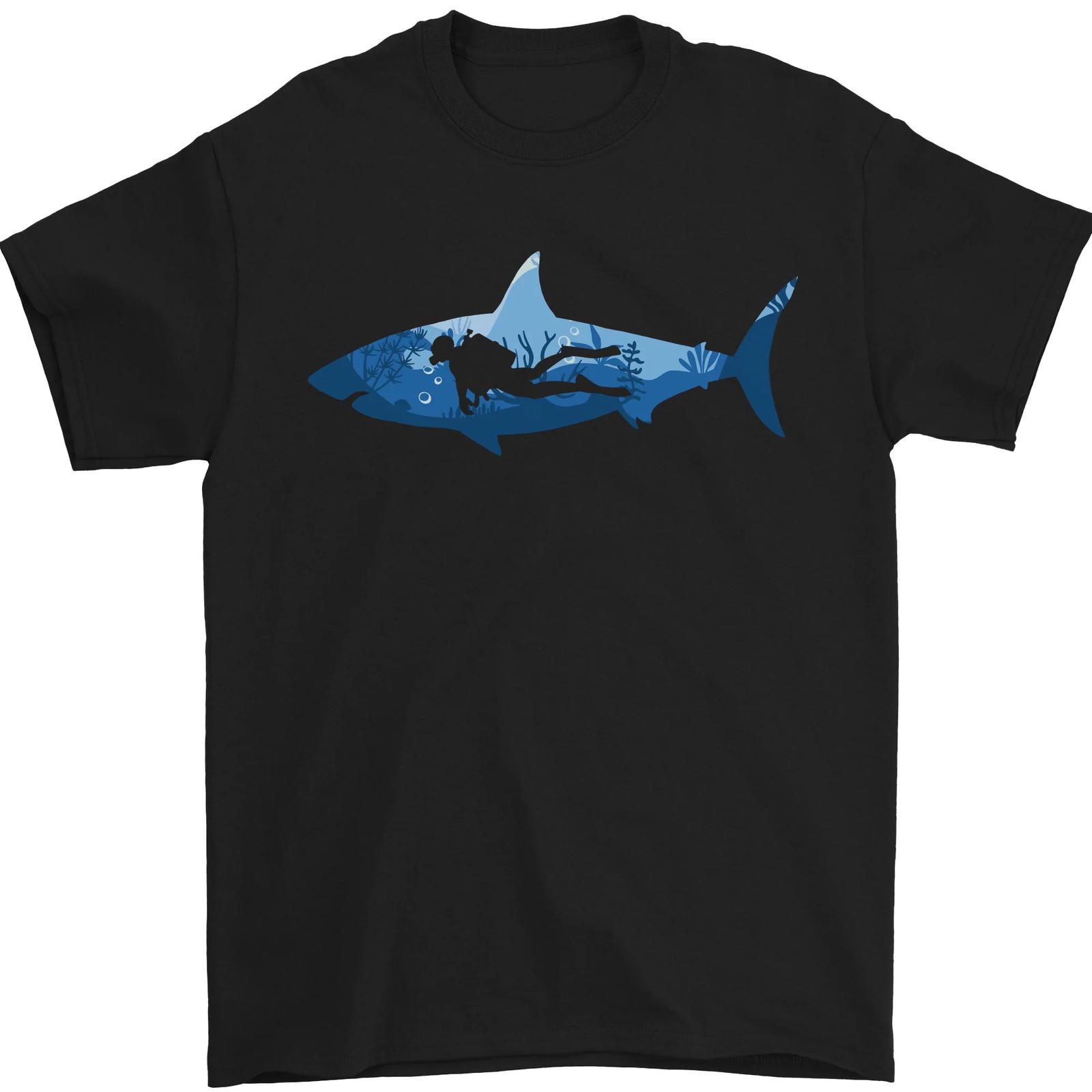 Great White Shark Scuba Diver Diving Mens T-Shirt Cotton S
