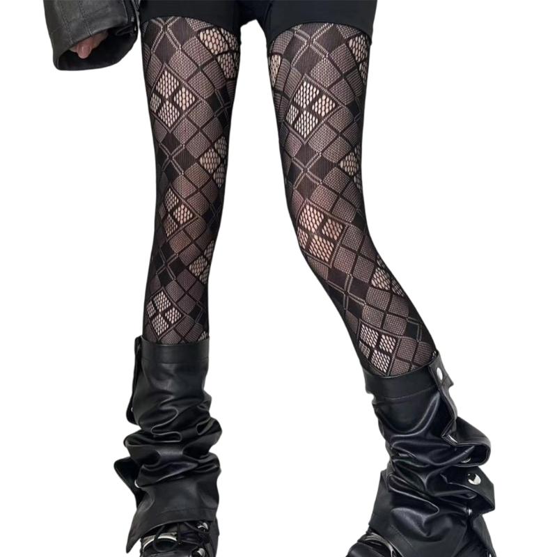 Women Japanese See Through Fishnet Pantyhose Stockings Gothic 90s Checkered Grid Pattern Bottoming Leggings Mesh Tights