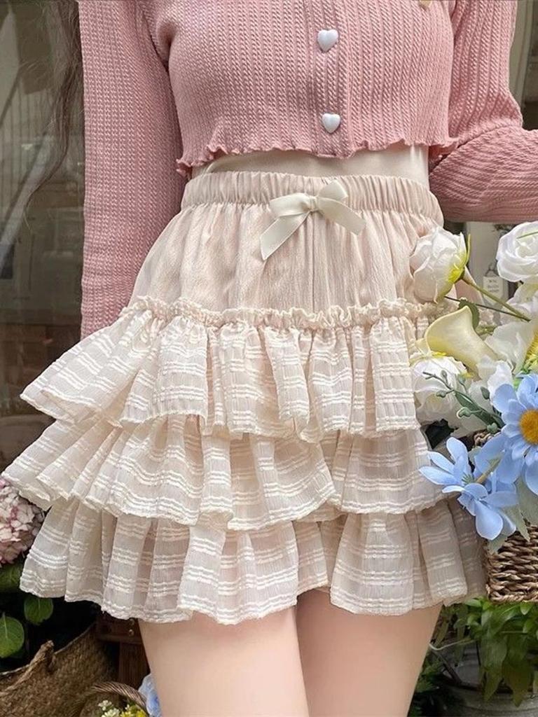 Lolita Bow Mini Skirt for Women Sweet Cute Ruffled Cake Skirt Lace Elastic Waist Casual Japanese Style Clothing