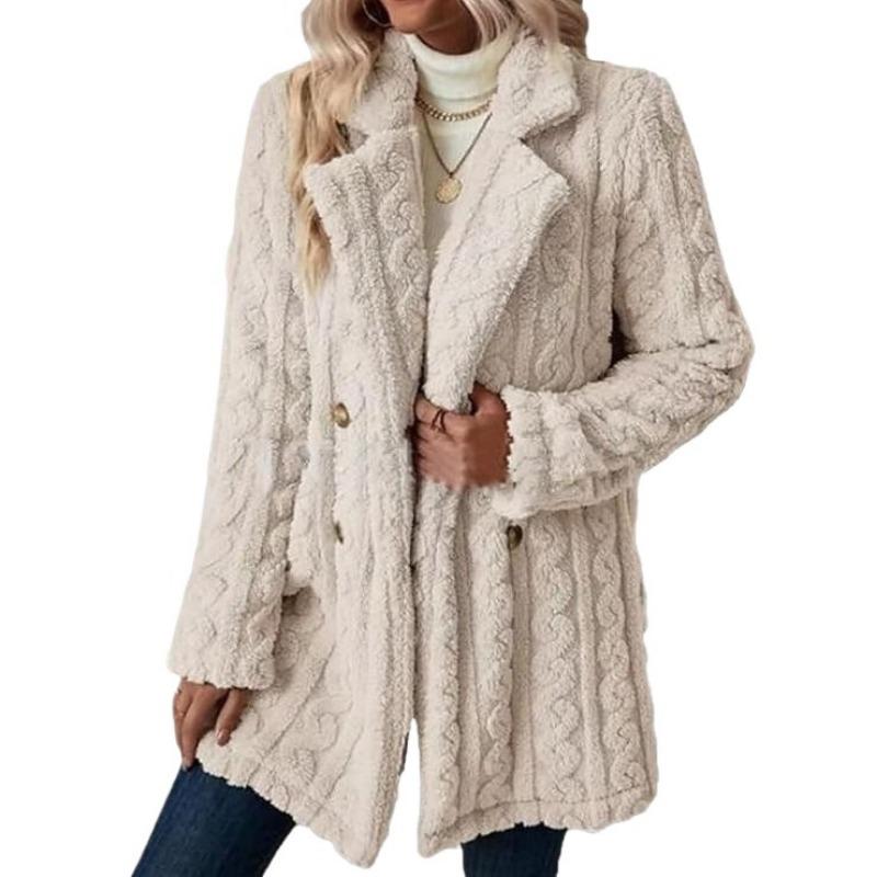 Women S Plush Double Breasted Mid Length Coat Notched Lapel Casual Warm Outerwear