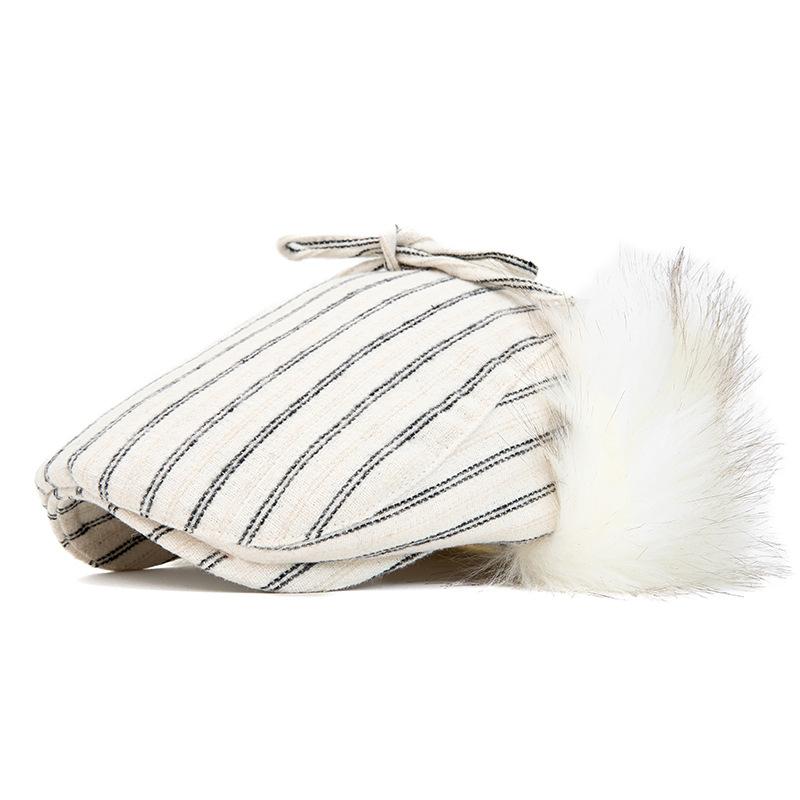 

Imitation Fur Ear Protection Forward Cap Winter Men Beret Warm Striped Plush Newsboy Cap бежевий