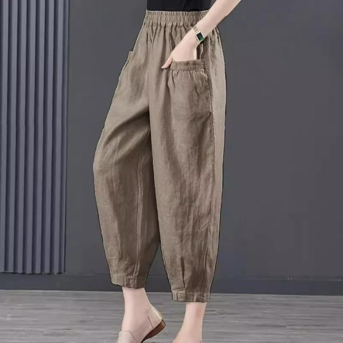 Summer Casual Cotton Linen Trousers Women's Loose Harem Pants with Retro Pockets Women's Solid Color Trousers with Elastic Waist Band