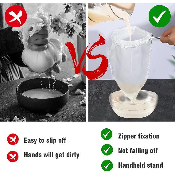 2 Pack Ultra Fine Mesh Strainer Bag with 1 Stainless Steel Frame Handle, Reble Food Grade Juice Strainer with Filter Zipper Bags Cheese Cloths for